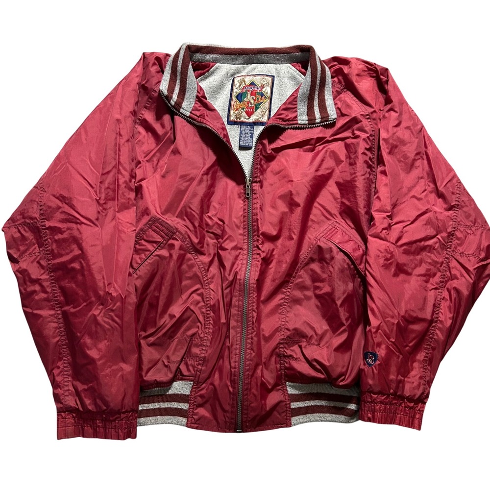 VTG JanSport Windbreaker Jacket Men M Burgundy Varsity Club Striped Trim Zip Up